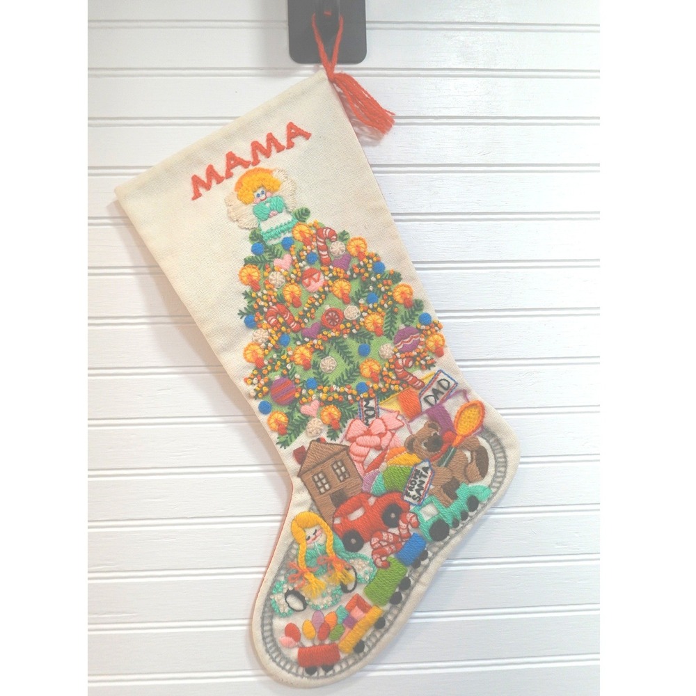 Vintage Christmas Fantasy Crewel Embroidery Stocking Mama Sunset Stitchery Toys